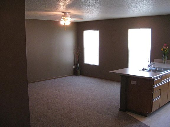 Kitchen and living area view from entry