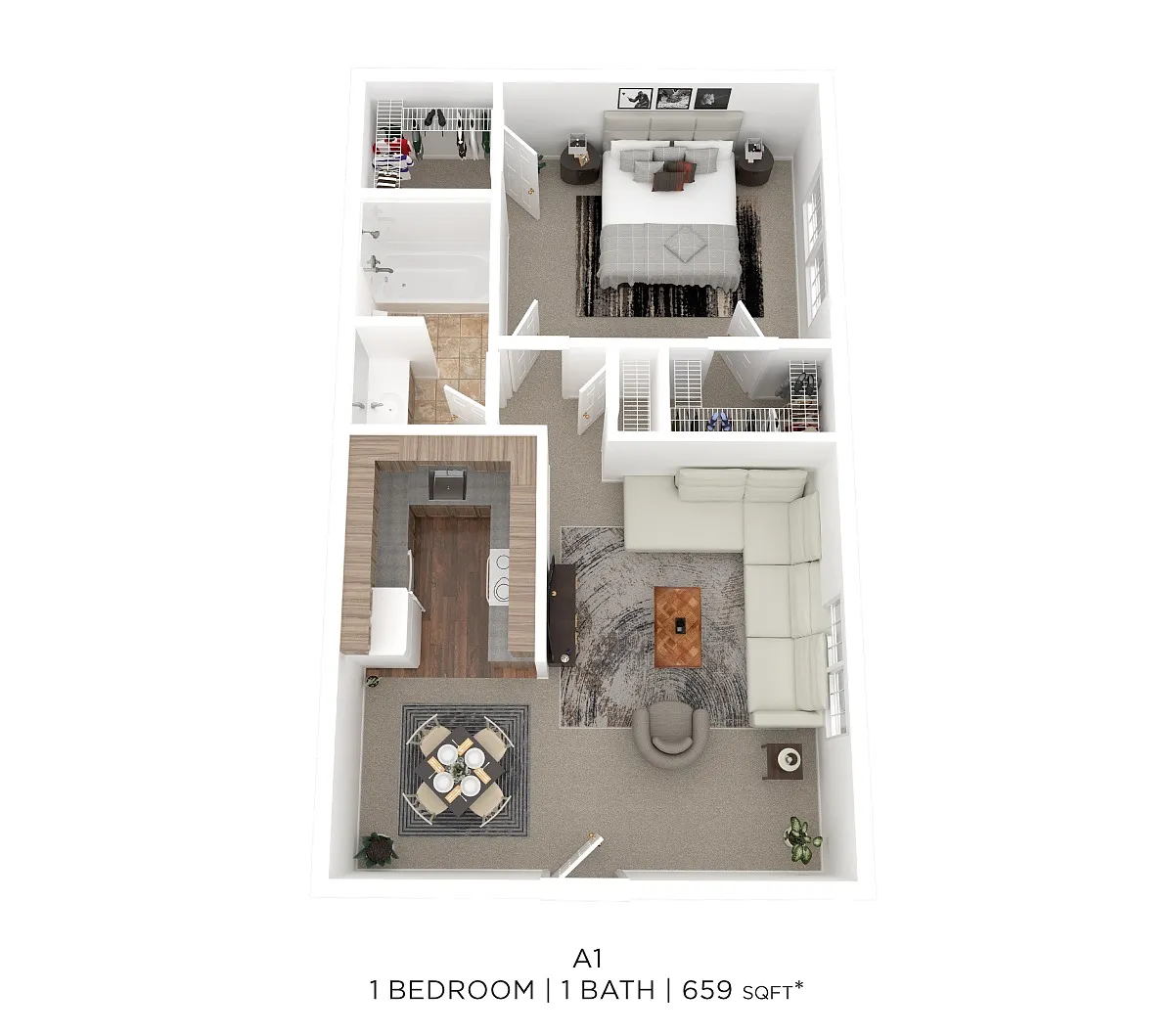 Floor plan One Bed One Bath 659 Sqft