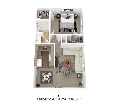 Floor plan One Bed One Bath 659 Sqft