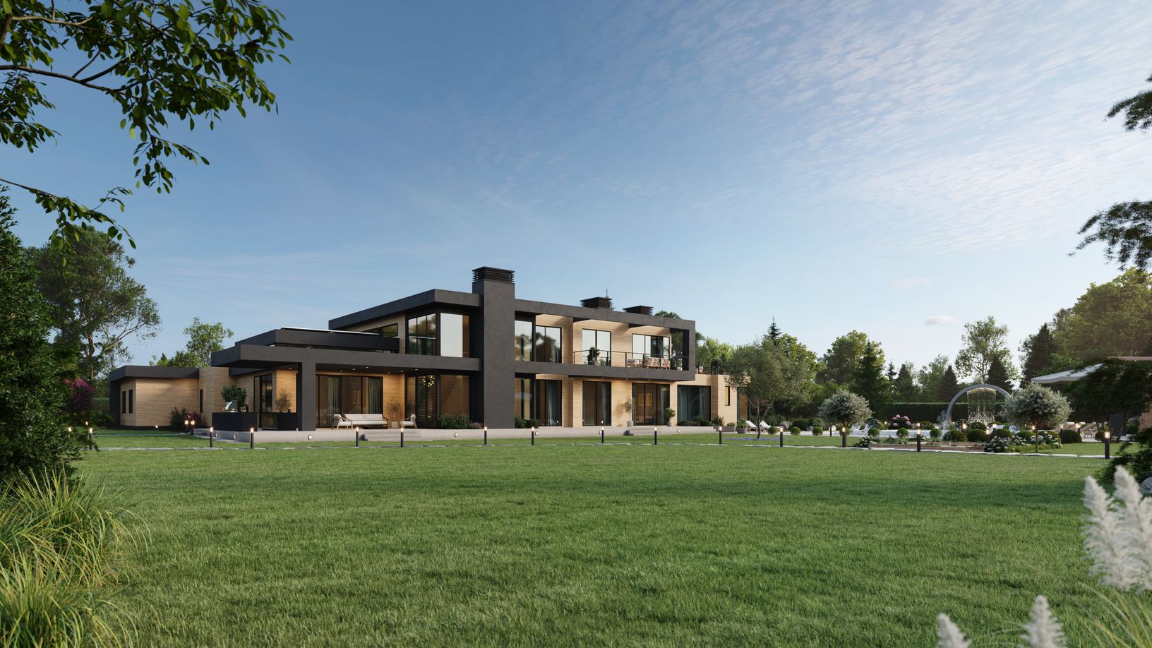 Expansive glazing and disciplined lines anchor the rear elevation.