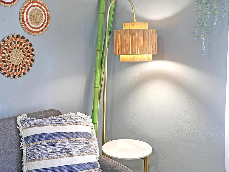 Boho style floor lamp is one of several "smart home" controlled lights.