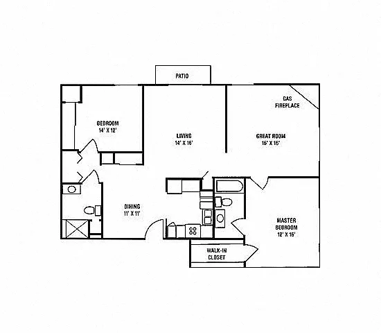 Floor plan F1 - 2 Bedroom, 2 Bath with Great Room and Firepla