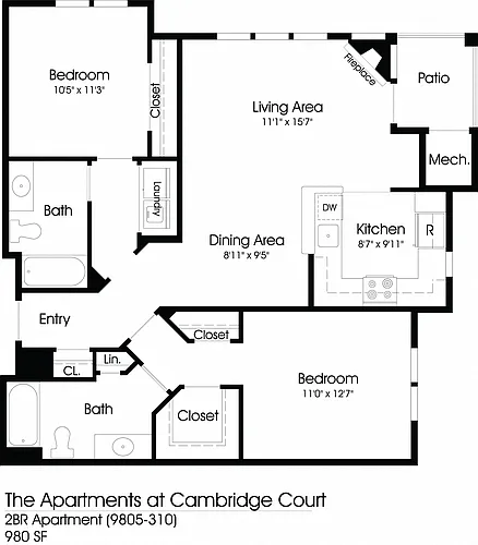 Floor plan 2BR 2BA (980sf)