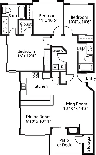 Floor plan Three Bedroom Two Baths