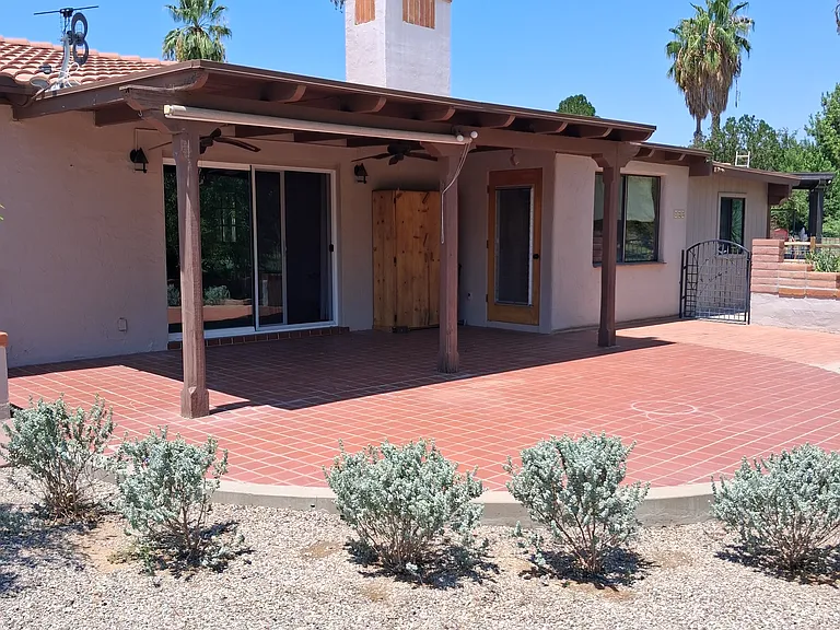 East facing covered patio with fans.