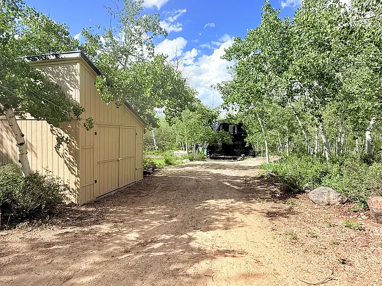 Driveway from the top of the road. Large shed