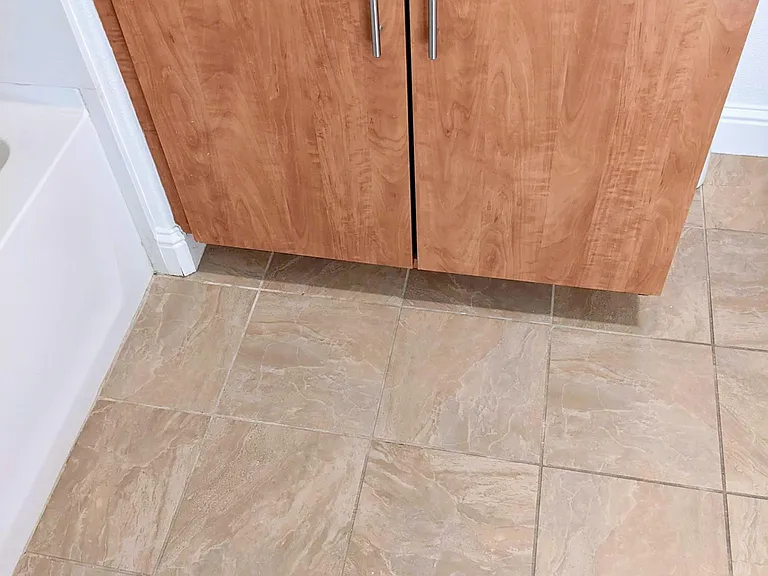 Hallway bathroom flooring and storage.