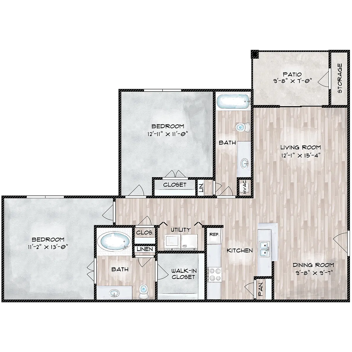 Floor plan 2 Bed, 2 Bath (80% Income Restricted)