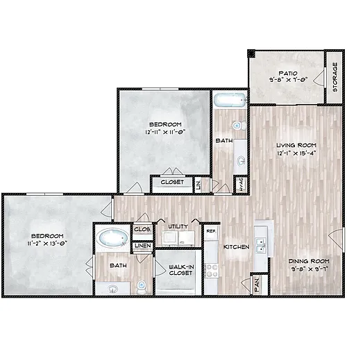 Floor plan 2 Bed, 2 Bath (80% Income Restricted)