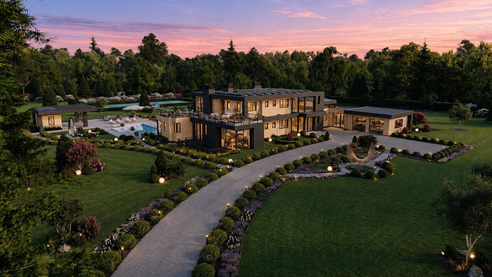  At dusk, the residence glows softly within its expansive grounds,. 