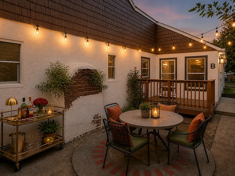 Adorable patio outside of the front entry to Unit B. 

Images are virtually staged using AI to showcase the home's potential. Actual layout and finishes are accurate; furnishings are not included.