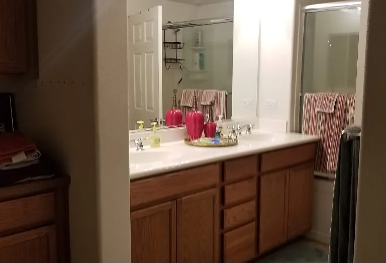 Master bath whic includes: Linen cabinets, double sink, shower and tub