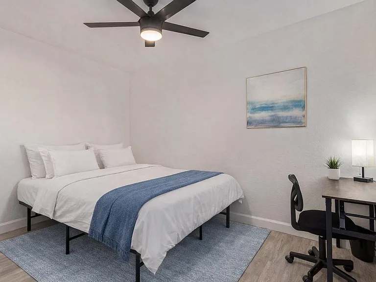 Queen Bed and spacious closet. Ceiling Fan and Desk and Chair. Bedding and rug virtually staged.