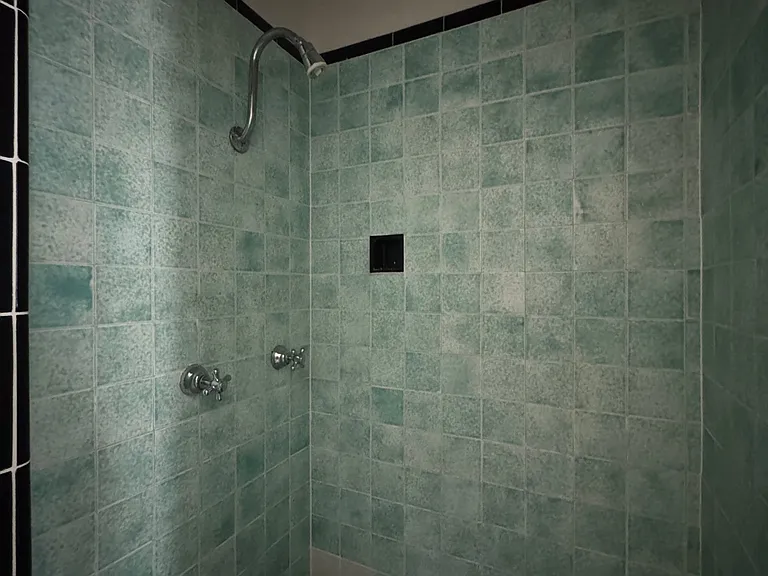 Downstairs shower - vintage green tile shower (with smart toilet on the left).