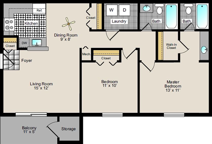 2 bedroom, 2 Full Bath Floorplan