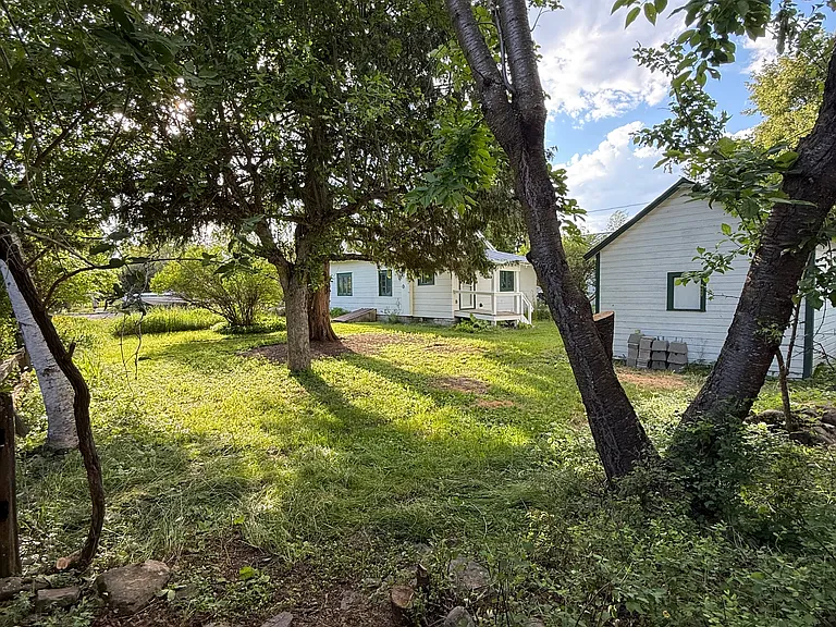 view from back corner of lot - shop on right house on left