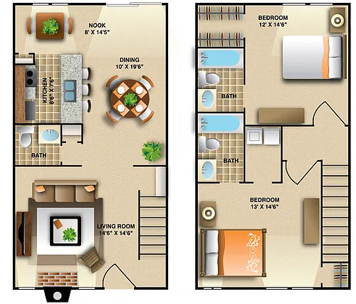 Floor plan Two Bedroom - Two and a Half Baths