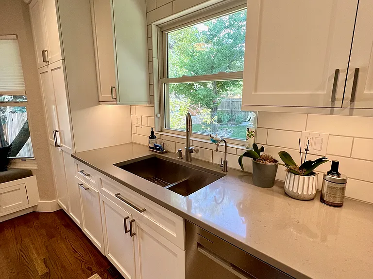 Brand new dishwasher and views of the back yard from the kitchen sink.
