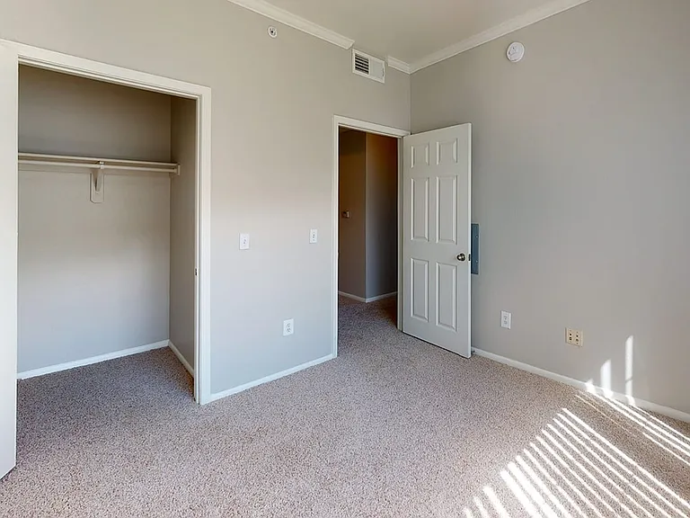 Spacious apartment bedroom with plush carpet flooring.