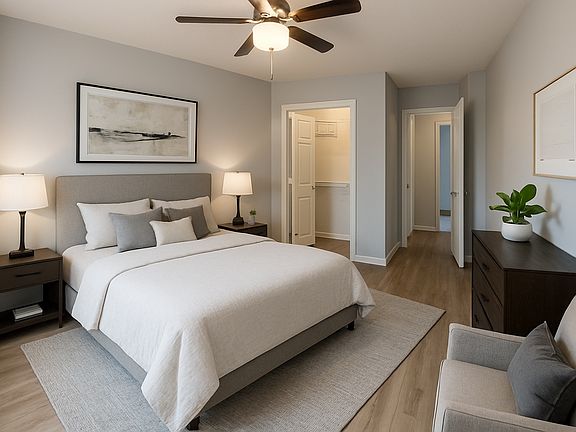 Master bedroom w/walk-in closet & new floors, blinds, ceiling fan, and other details