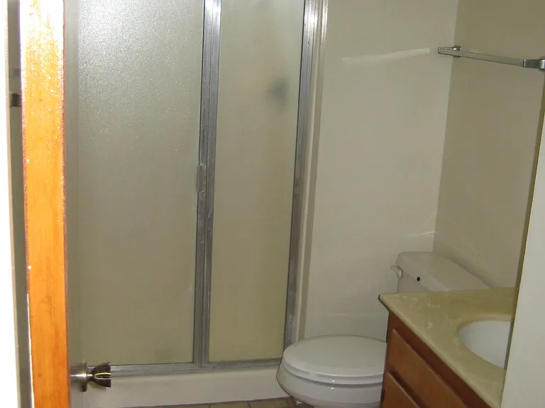 Hallway bathroom, recently installed modern marble shower.