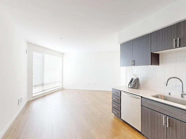 Apartment Kitchen with Stainless Steel Appliances, Dining and Living Room with Wood-Style Flooring.
