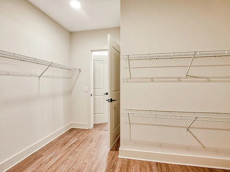 Vinyl plank flooring throughout extends to closets with built-in shelving
