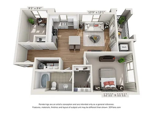 Floor plan 1-Bedroom 1-Bathroom w/ Den | 820 sqft