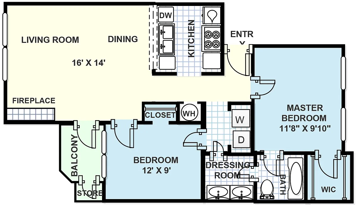 Floor plan 2 bedroom, 1 bathroom