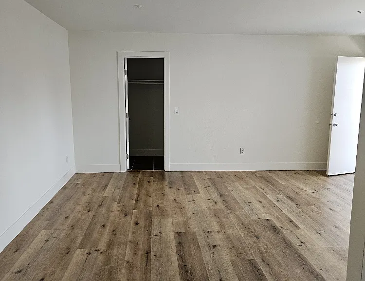 hall view looking to living room, closet, front door