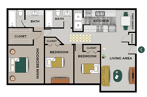 Floor plan 3 Bedroom, 2 Bath