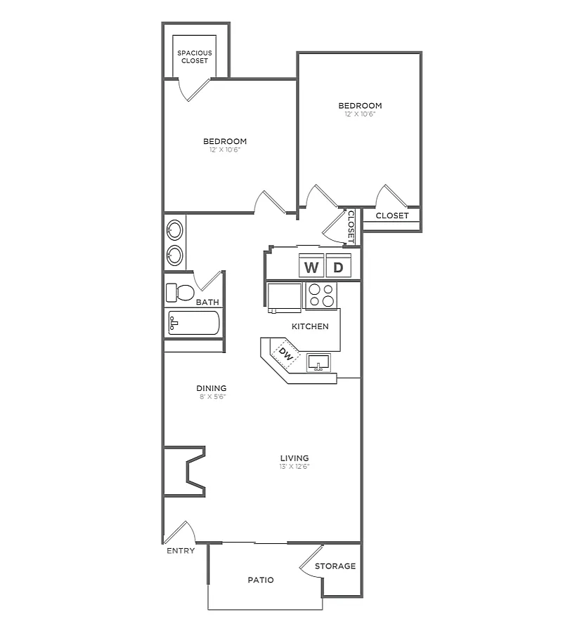 Floor plan Two Bedroom One Bath (866 SF)