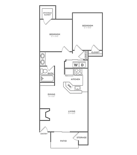 Floor plan Two Bedroom One Bath (866 SF)