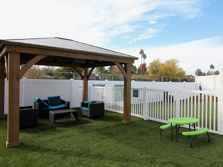 Gazebo seating area just outside pet play park.