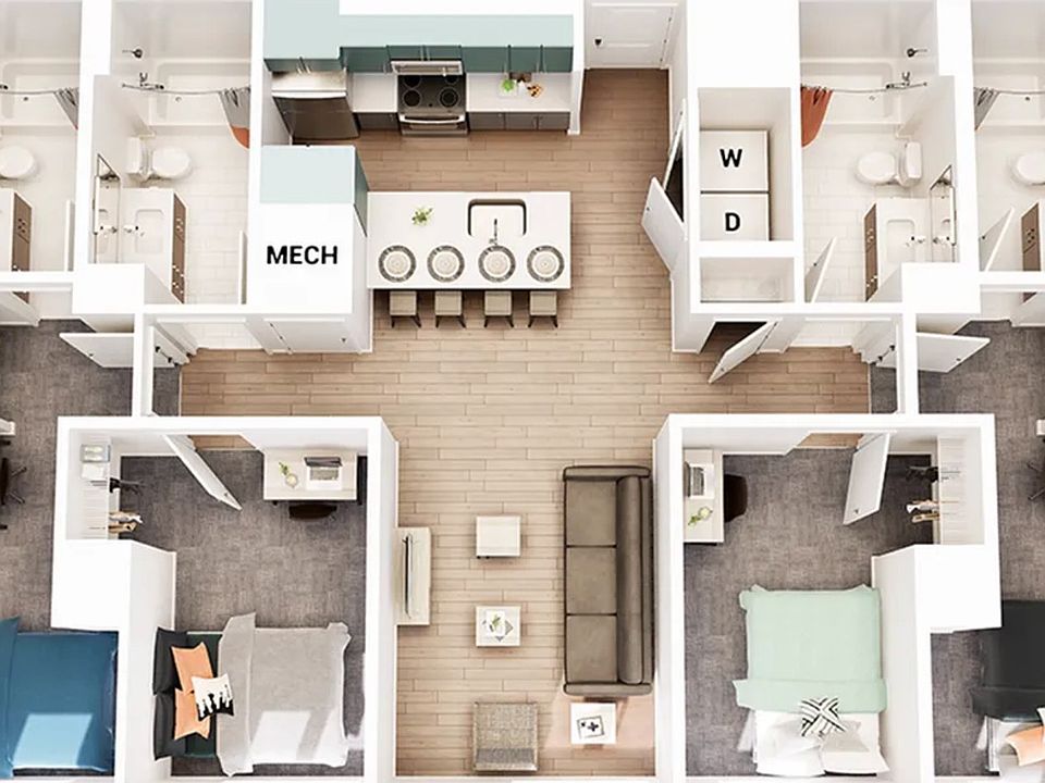 Overview layout of the apartment. Room for rent is the one on the left size including the bathroom. Bathroom and bedroom are together and separated from the main hallway by a door.