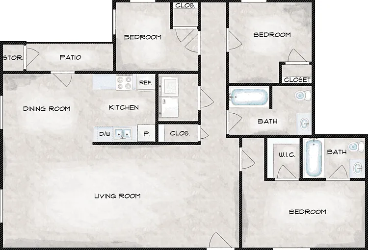3 Bed 2 Bath Floorplan Diagram