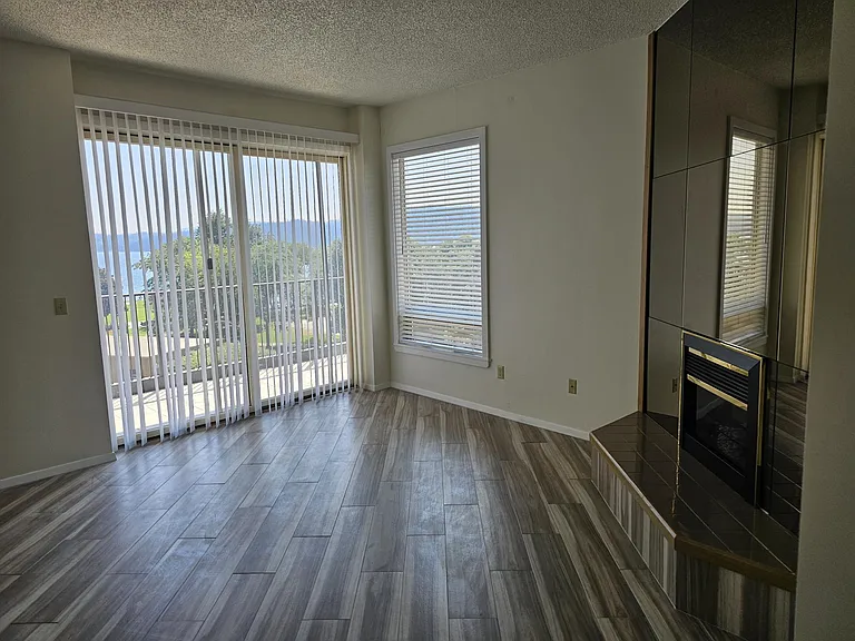 Open living room with electric fireplace and laminate flooring