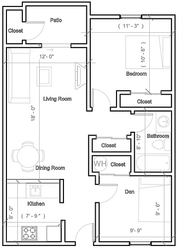 Floor plan 1 bedroom with Den