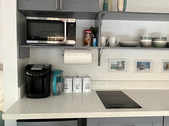 Medium Fridge & Freezer, Keurig Coffee Machine, Microwave, Dishware, Flatware, & Cookware