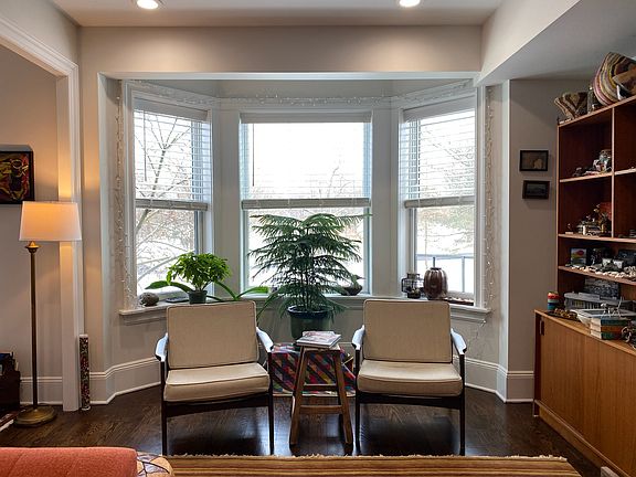 Bay window in the living room overlooking the park.