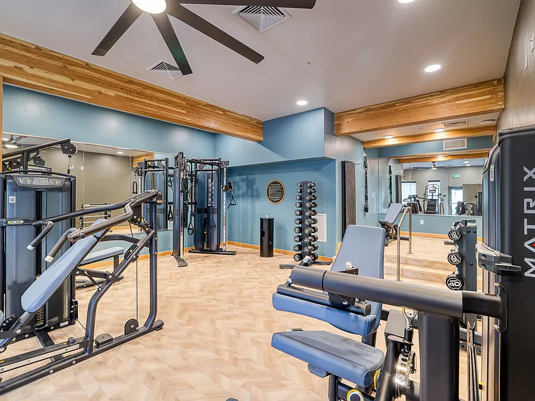 Fitness center, facing away from door/towards back of space mirrors
