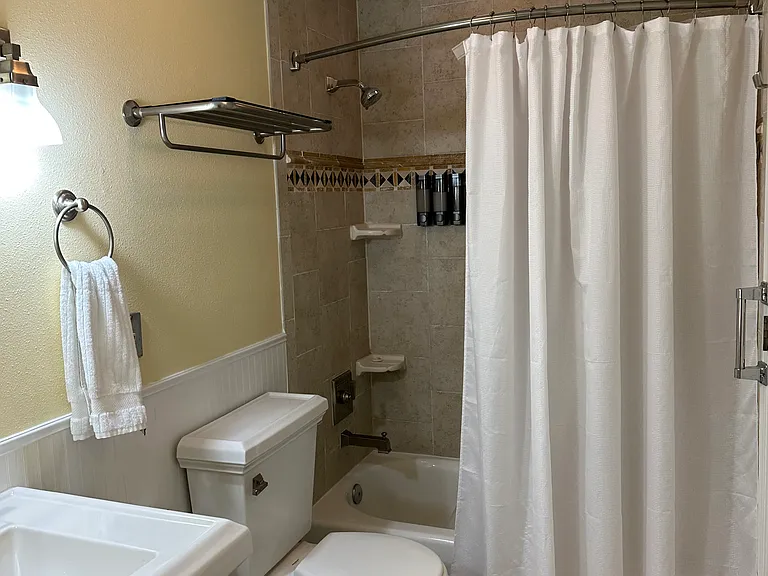 Soaking tub in bath includes shampoo, conditioner & body wash.
