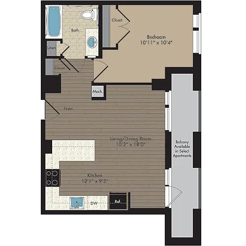 Floor plan 1 Bed/1 Bath 1.1j - 60%