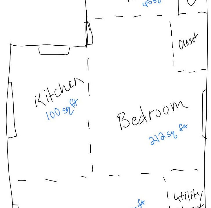 Hand drawn blue print to show you the layout of the apartment and square footage of each room.
