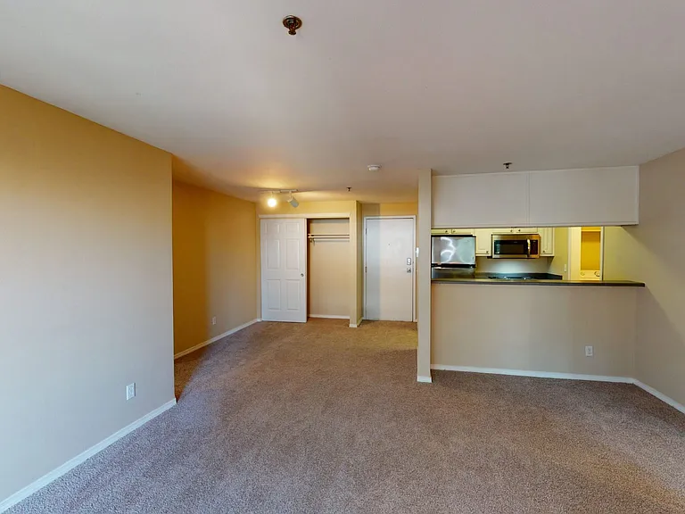 Apartment kitchen, dining and living room with plush carpet flooring.