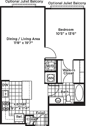 Floor plan 1 Bedroom 1 Bath - A16 Affordable 80%