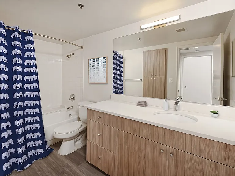 Renovated Package II bath featuring white quartz countertops, driftwood cabinetry, and hard surface flooring
