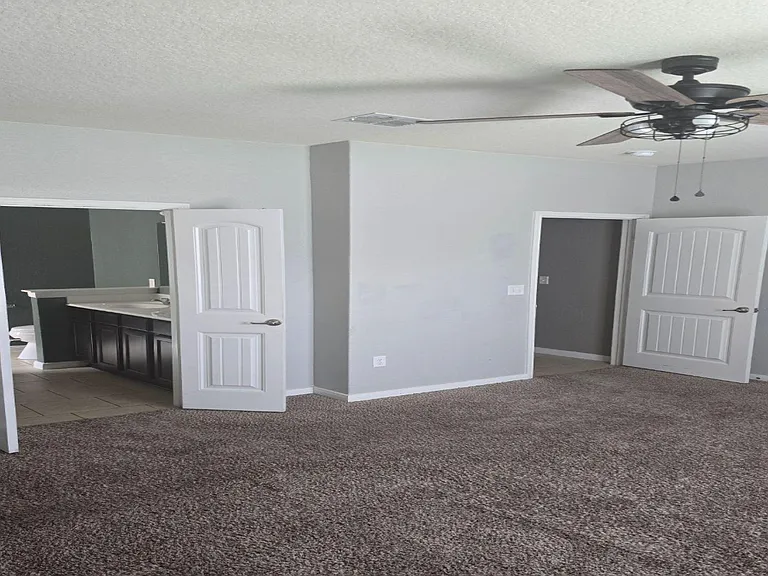 Spacious carpeted bedroom with ceiling fan and convenient access to an adjoining bathroom and hallway.