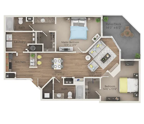 Floor plan Magnolia - 2 Bed 2 Bath - Renovated