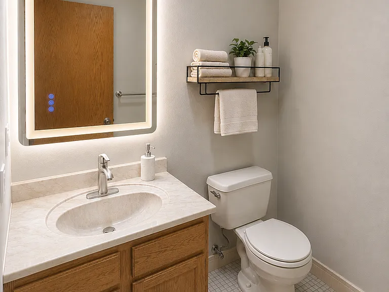 Cozy updated bathroom with LED mirror, modern lighting, towel shelf, and clean neutral finishes